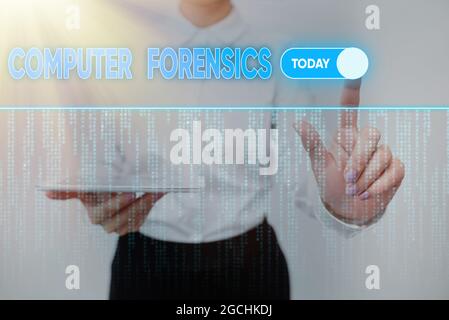 Conceptual caption Computer Forensics. Business approach the investigative analysis techniques on computers Lady Holding Tablet Pressing On Virtual Stock Photo
