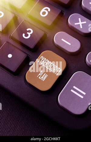 Sign displaying Cybersecurity Plan. Conceptual photo Techniques of protecting computer and system from attacks Writing Interesting Online Topics Stock Photo