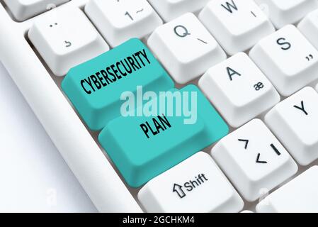 Text sign showing Cybersecurity Plan. Internet Concept Techniques of protecting computer and system from attacks Typing Certification Document Concept Stock Photo
