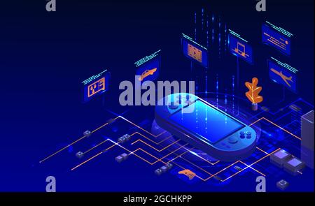 Mobile handheld video game console, vector isometric illustration. Potrable gaming device Stock Vector
