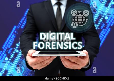 Conceptual caption Digital Forensics. Business idea investigation of material found in digital devices Man In Office Uniform Holding Tablet Displaying Stock Photo