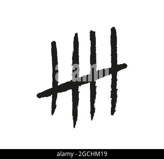 Tally mark. Number 5. Hand drawn lines or sticks sorted by four and crossed out. Simple mathematical count visualization, prison or jail wall counter Stock Vector