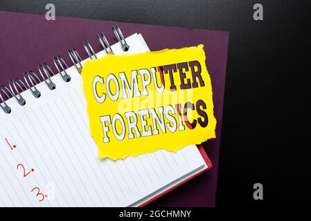 Handwriting text Computer Forensics. Business overview the investigative analysis techniques on computers Thinking New Bright Ideas Renewing Stock Photo
