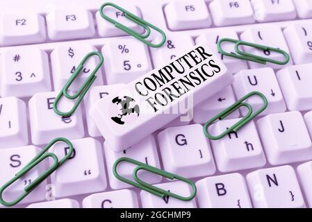 Text caption presenting Computer Forensics. Word for the investigative analysis techniques on computers Internet Browsing And Online Research Study Stock Photo