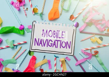 Text caption presenting Mobile Navigation. Business showcase graphical user interface used to aid the vehicle driver Colorful Party Collections Flashy Stock Photo