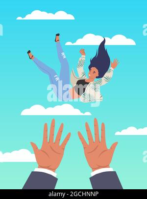 Male hands saving falling woman, flat vector illustration. Psychological, business support. Psychotherapy. Helping hands Stock Vector