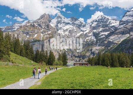 geography / travel, Switzerland, landscape with Oeschinen Lake (Oeschinensee) and Blueemlisalp, ADDITIONAL-RIGHTS-CLEARANCE-INFO-NOT-AVAILABLE Stock Photo