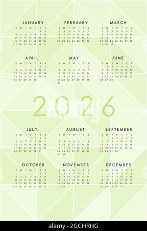 Light green 2026 calendar on background with modern mosaic triangles. Vertical calendar design for print and web. Week starts on Sunday. Stock Vector