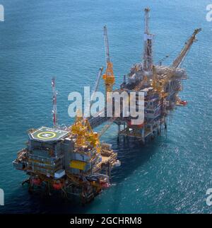 Aerial of Marlin A and B platforms showing crossover bridge, in Bass ...