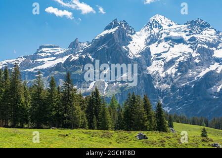 geography / travel, Switzerland, landscape with Blueemlisalp near Oeschinen Lake (Oeschinensee), ADDITIONAL-RIGHTS-CLEARANCE-INFO-NOT-AVAILABLE Stock Photo