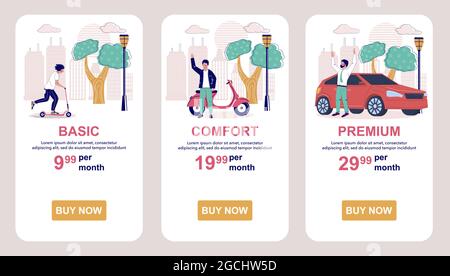 Tariff subscription plans. Price table. Mobile app screens, vector website banner template. UI, web site design. Stock Vector