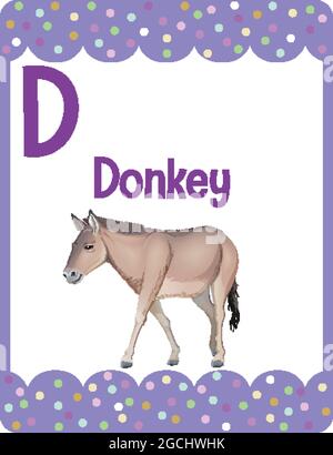 Alphabet flashcard with letter D for Donkey illustration Stock Vector