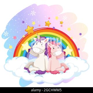 Cute unicorn in the pastel sky with rainbow illustration Stock Vector