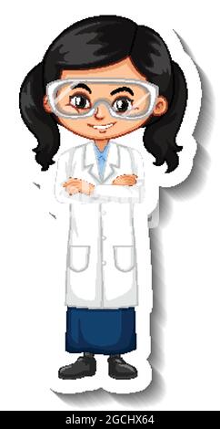 Girl wearing scientist outfit cartoon character sticker illustration Stock Vector