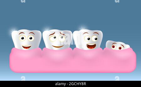 Growing up new tooth character looking at smiling white teeth, vector illustration. Children dentistry, dental health, oral hygiene. Stock Vector