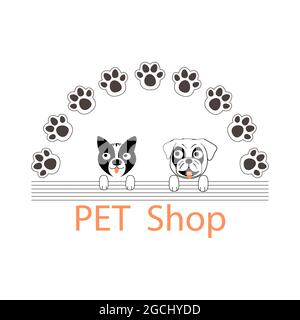 Cat and dog head, kitten and puppy face, pow, outline and cut out doodle. Hand drawn pet head and paw for pet shop or pet carrying shelter, vet design Stock Vector