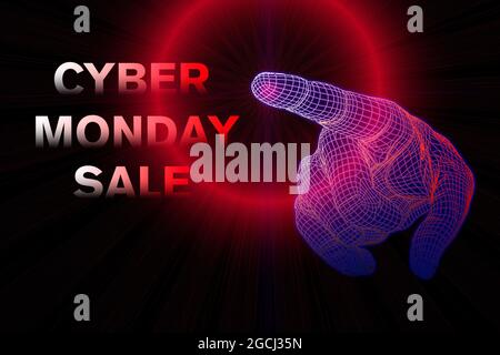 Cyber Monday super sale event. Virtual reality design. Technology HUD illustration with 3d rendering elements and text for sale booklets, price tags. Stock Photo