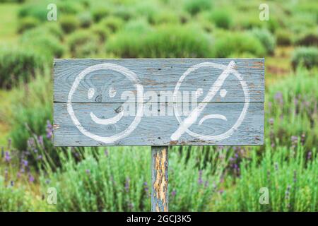 Don't worry, be happy. Emoticon with happy smiling face and with barred sad face. Smile and happiness concept. Healthy and happy life in the nature Stock Photo