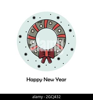 Vector Christmas illustration. New Year color outline icon. Christmas wreath. Stock Vector
