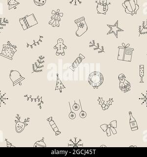 Vector Christmas seamless pattern. New Year background with outline icons Stock Vector