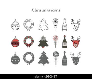 Vector set of Christmas icons in three styles. Line art, simple style and color outline. Stock Vector