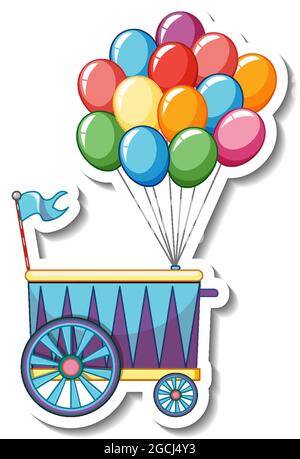 Sticker template with many balloons on cart isolated illustration Stock Vector