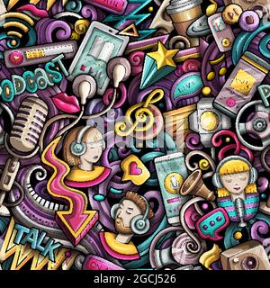 Cartoon doodles Audio content seamless pattern. Stock Vector