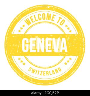 WELCOME TO GENEVA - SWITZERLAND, words written on yellow round coin stamp Stock Photo