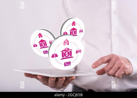 Personal loan concept above a tablet held by a man in background Stock Photo