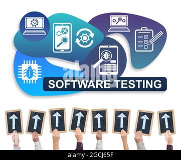 Hands holding writing slates with arrows pointing on software testing concept Stock Photo