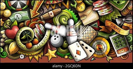 Casino hand drawn doodle banner. Cartoon vector detailed flyer. Stock Vector