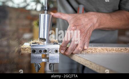 The carpenter works as a professional tool for drilling wood. Stock Photo