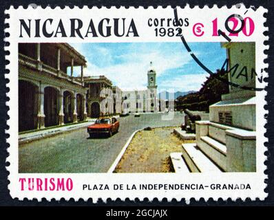 NICARAGUA - CIRCA 1982: a stamp printed in Nicaragua shows Independence Plaza, Granada, circa 1982 Stock Photo