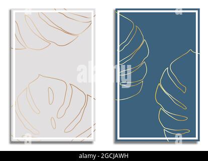 Gold monstera tropical plant leaves. Abstract painting in frame for decor of interior. Heart shaped leaves. Vector Stock Vector