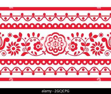 Floral cute Polish folk art vector seamless embroidery long horizontal pattern inspired by traditional designs Lachy Sadeckie from Poland - textile or Stock Vector