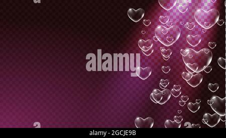 Dark red transparent background with white heart-shaped soap bubbles ...