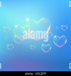 Beautiful blue background with rainbow colored heart-shaped soap bubbles. Vector illustration Stock Vector