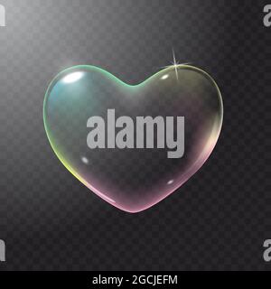 Realistic transparent multicolored rainbow vector soap bubble shaped as heart. Romantic glossy soapy heart. Valentine day symbol. Transparent Stock Vector