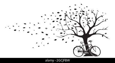 Tree illustration in autumn with falling leaves from wind and vintage bicycle isolated on white background, vector. Wall decals, wall art, artwork. Stock Vector