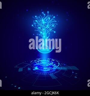 Futuristic HUD elements. Abstract hi-tech circles with circuit tree hologram elements virtual reality. Sci fi futuristic User Interface. Vector illust Stock Vector
