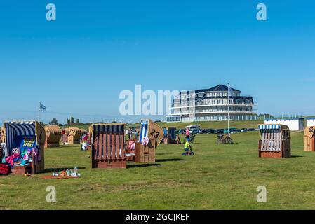 Beach with the Upleven, Center for Relaxation, Meditation and Yoga in the Background, Wremen, Lower Saxony, Germany, Europe Stock Photo