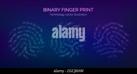 Set of binary code fingerprint. Digital key for software identification. Biometric id. Fingerprint scanner in futuristic technology system. Vector ill Stock Vector