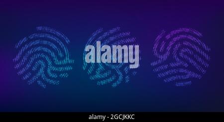 Set of binary code fingerprint. Biometric id. Digital key for software identification. Fingerprint scanner in futuristic technology system. Vector ill Stock Vector