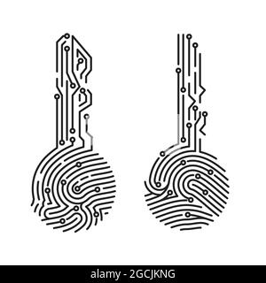 Circuit fingerprint key. Security system user verification. Biometric ID for software login. Vector illustration Stock Vector