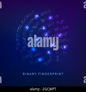 Binary code fingerprint. Biometric id. Digital key for software identification. Fingerprint scanner in futuristic technology system. Vector illustrati Stock Vector