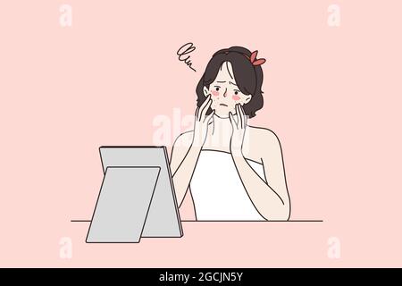 Skin problems, allergy, acne, pimples concept. Young upset woman sitting looking at her unhealthy skin in mirror feeling stressed vector illustration Stock Vector