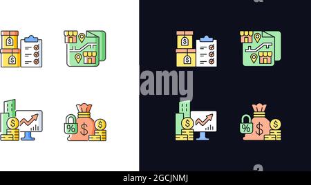 Company stocks and franchising light and dark theme RGB color icons set Stock Vector