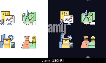 Assets management light and dark theme RGB color icons set Stock Vector