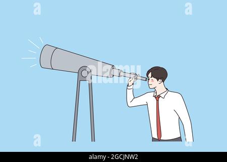 Business concept, monitoring through binoculars concept. Young businessman standing looking to future opportunities vector illustration  Stock Vector