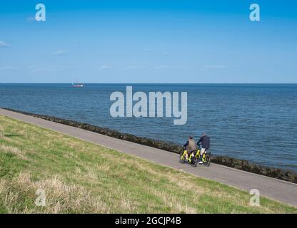 couple rides bicycle on dike of wadden sea on dutch island of texel in summer Stock Photo